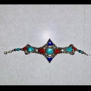 Elegant Turquoise and Red Stone Sterling Silver Bracelet